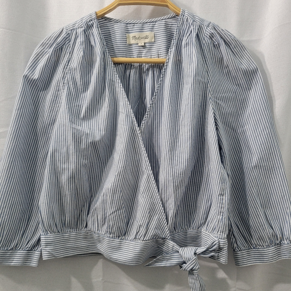 (SEA) Madewell Light Blue and White Striped Wrap Blouse - Picture 2 of 13